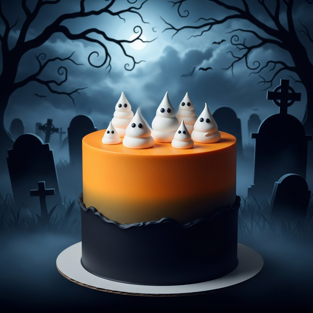 Halloween cake with ghost decorations against a graveyard background