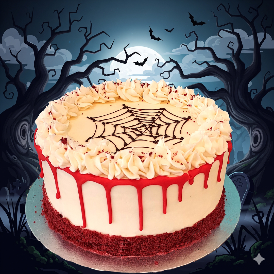 Halloween-themed cake with spider web design and red accents against a spooky background