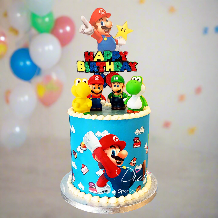 A birthday cake decorated with characters from the Super Mario series, including Mario, Luigi, and Yoshi, with a &