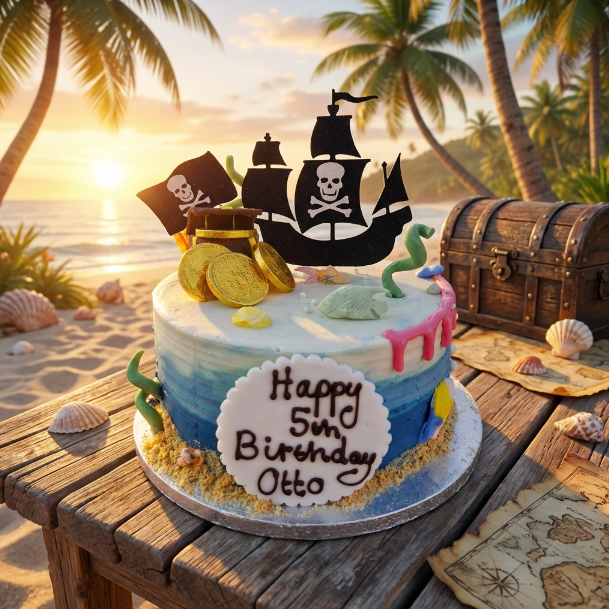 Pirate-themed birthday cake with a ship and treasure chest on a beach setting