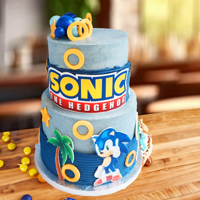 Great Sonic cake featuring Sonic, power rings and logo