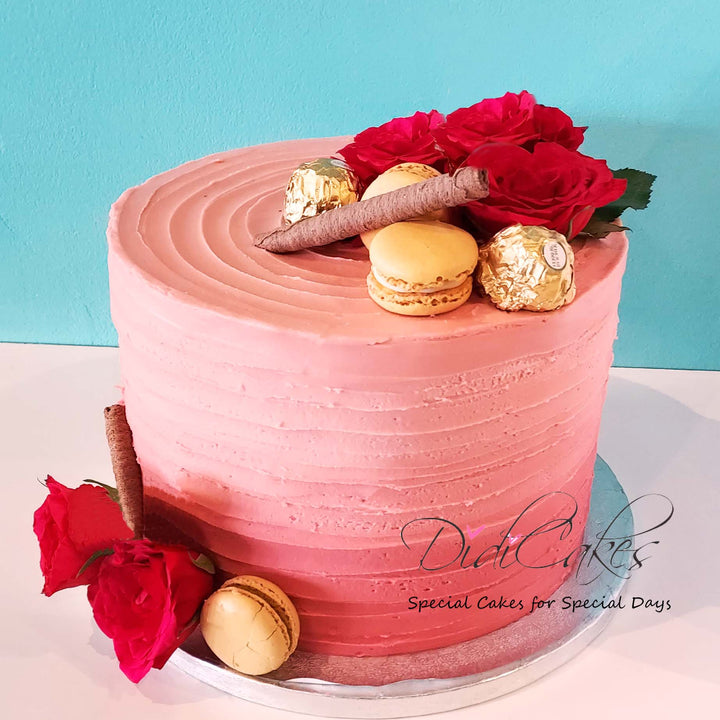 Pink Ombre High Cake with Macarons and Flowers