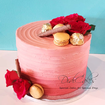 Pink Ombre High Cake with Macarons and Flowers