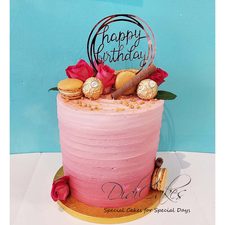 Pink Ombre High Cake with Macarons and Flowers